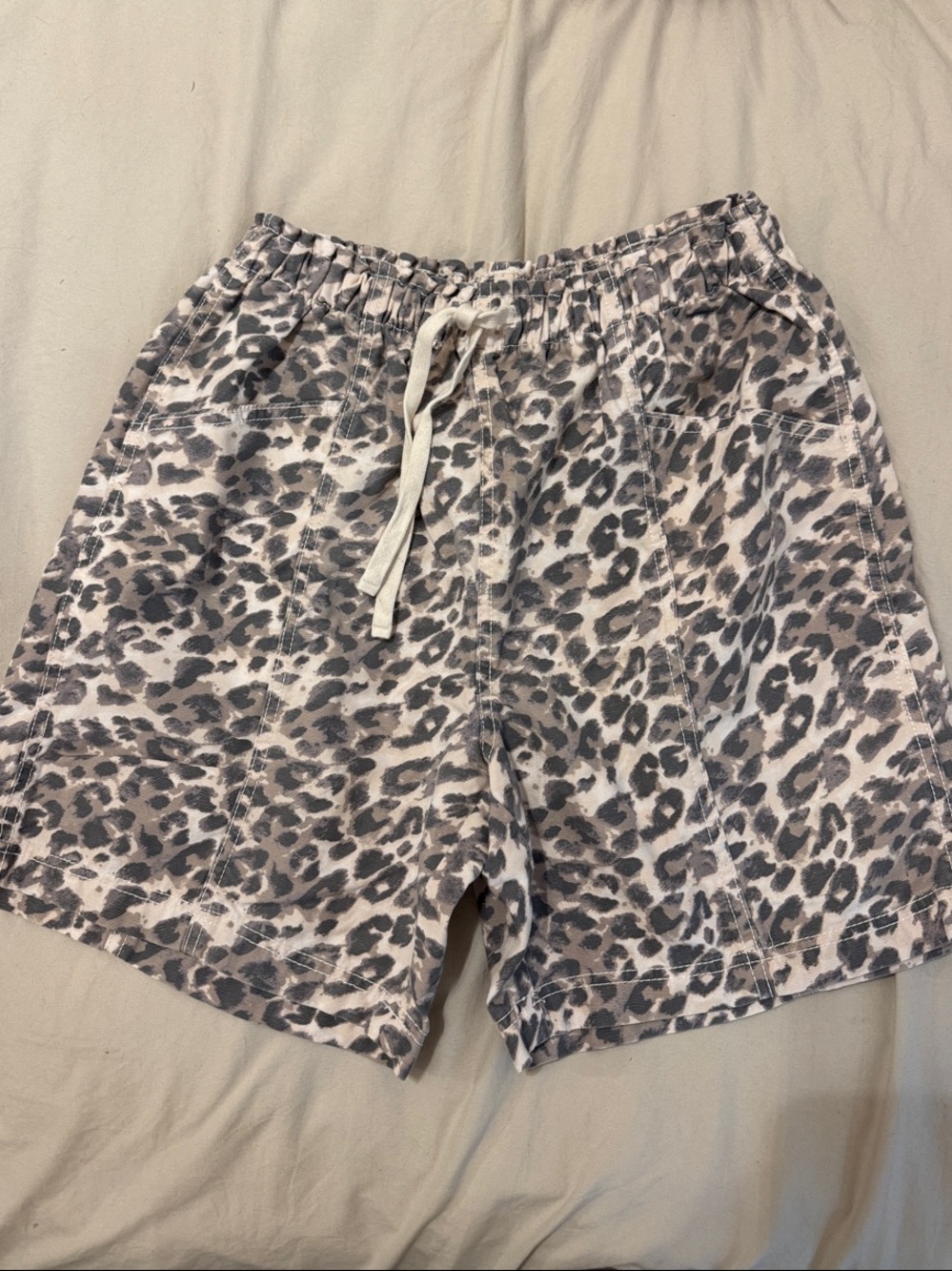 aerie Leopard Print Drawstring Shorts in Gray and Cream
